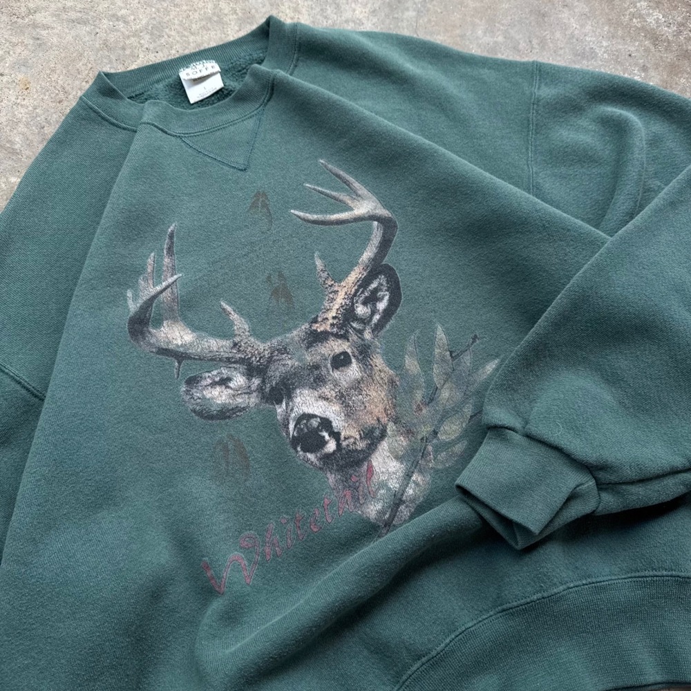 Vintage 90s Soffe Whitetail Deer Sweatshirt Naturecore Made in USA Green L f10